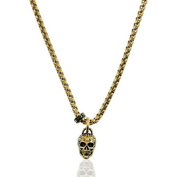 Crucible Jewelry Men's Antiqued and Polished Gold Plated Stainless Steel Small Skull Necklace - 24"