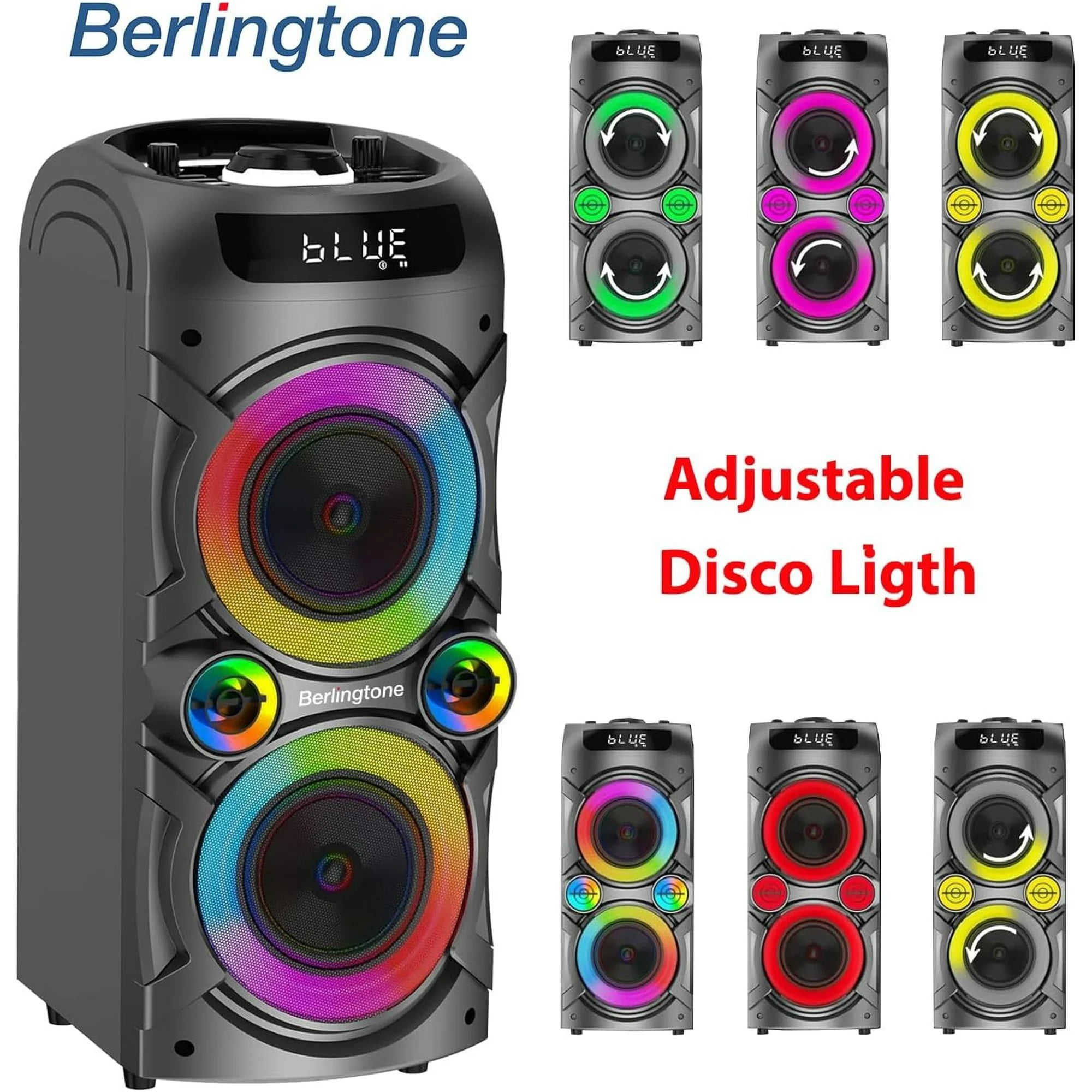Berlingtone BR-37K Bluetooth Karaoke Machine Speaker System with 2 VHF Wireless Microphones, RGB DJ Lights, 100W Subwoofer, Remote Control, TF Card/USB MP3 Playback for Home, Indoor/Outdoor Parties