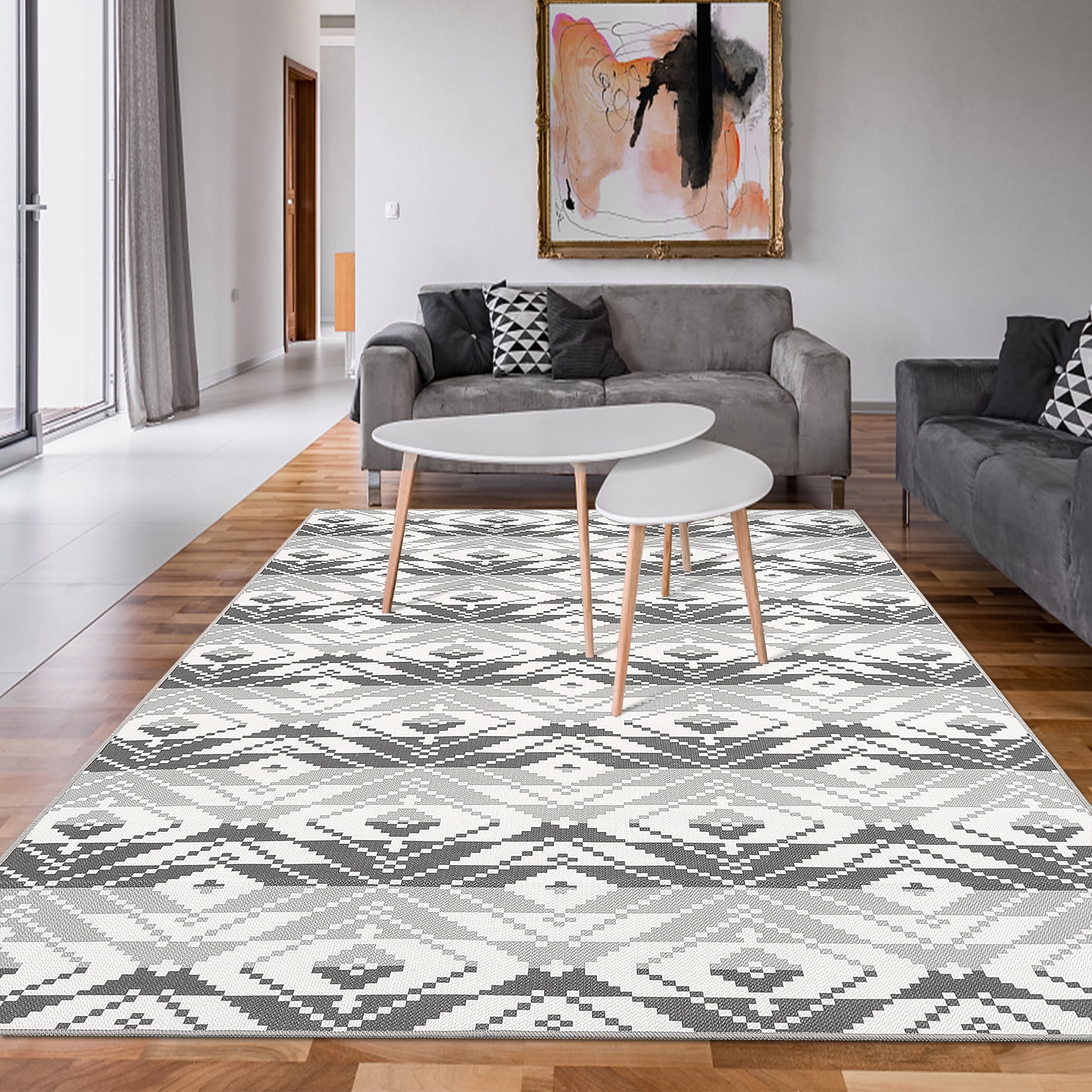 Senfot 5x8 Indoor Outdoor Area Rug Waterproof Modern Print Pattern Non-Slip Floor Carpet Stain Resistant for Patio Backyard Living Room Black White