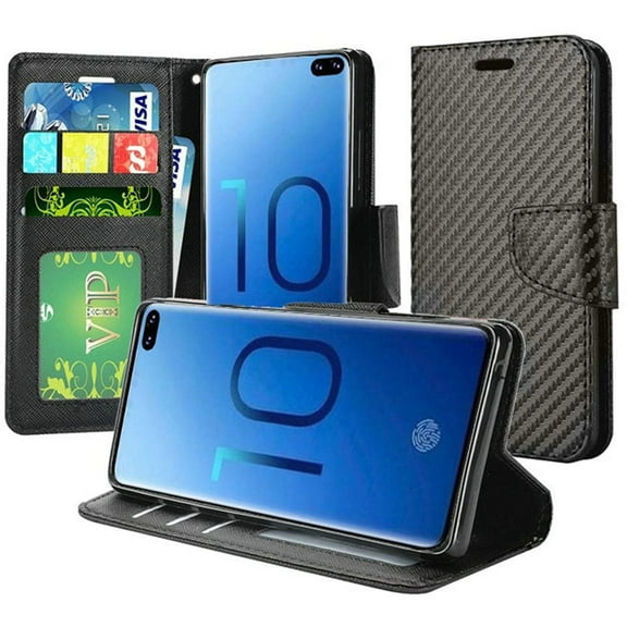 GSA Carbon Fiber Flip Wallet Case for Samsung Galaxy S10 Plus (6.4") Black