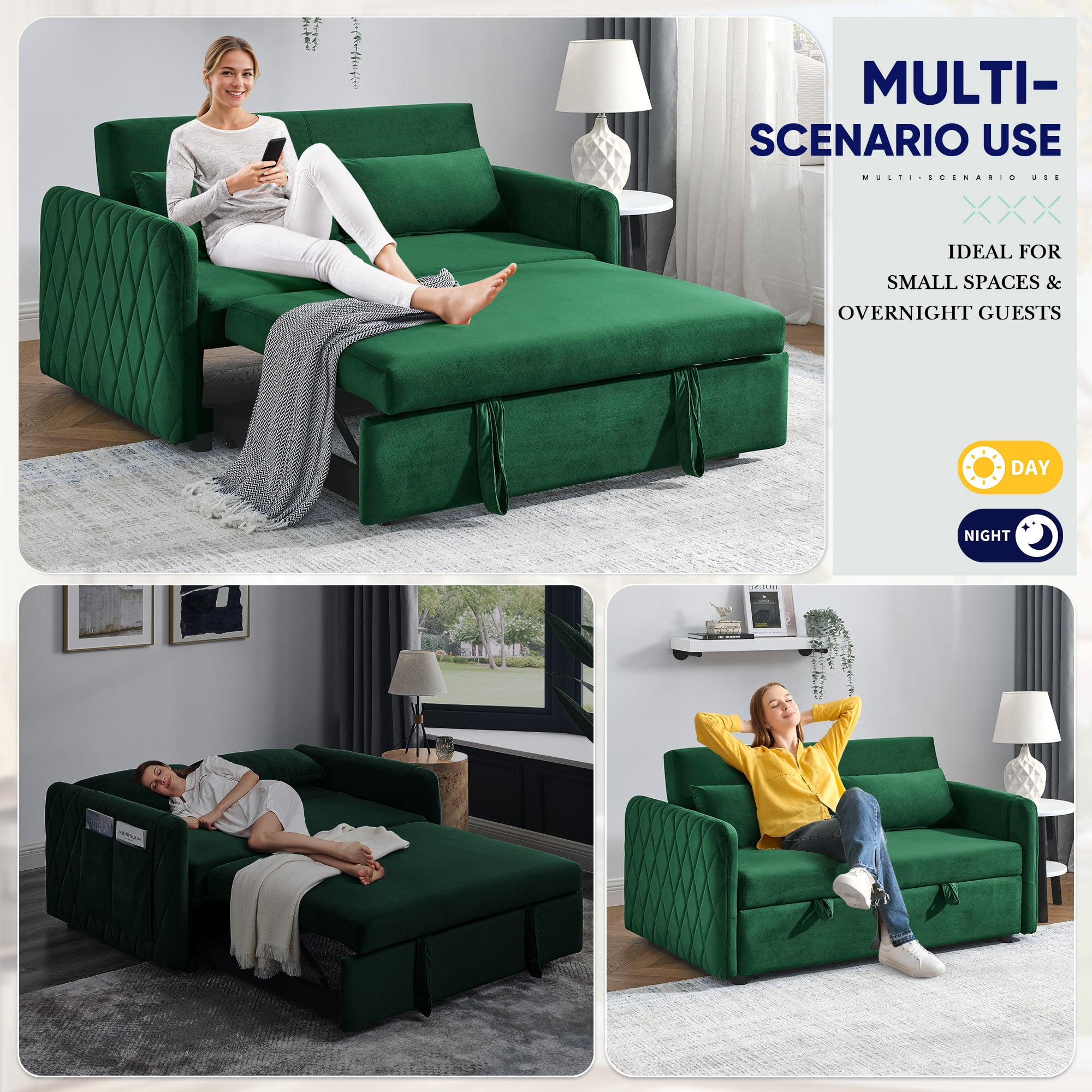 Lunale Convertible Futon Sofa Bed for Living Room, Modern Upholstered Loveseat Sleeper in Green