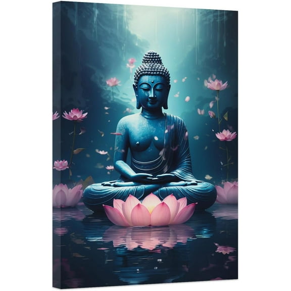 Large Buddha Statue Canvas Wall Art Buddha Statue Meditating on Lotus Zen Wall Decor for Home Decor Framed(Buddha-2 12 * 18inch)