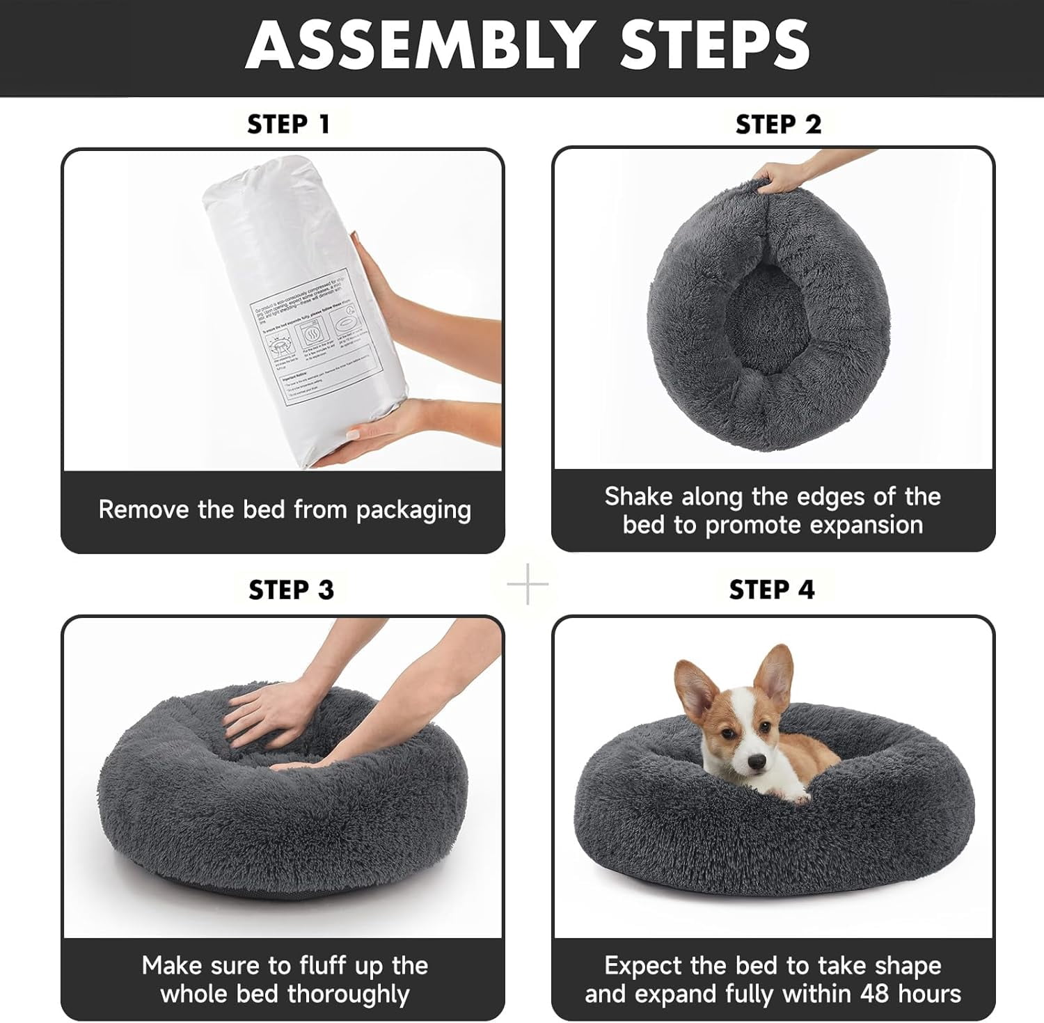 Calming Donut Dog Bed Pillow for Small Medium Pets, Machine Washable Removable Cover, Comfort Plush Fluffy Faux Fur with Anti-Slip Bottom, Cats-Friendly Round Cuddly Design, Gray, 23 inches