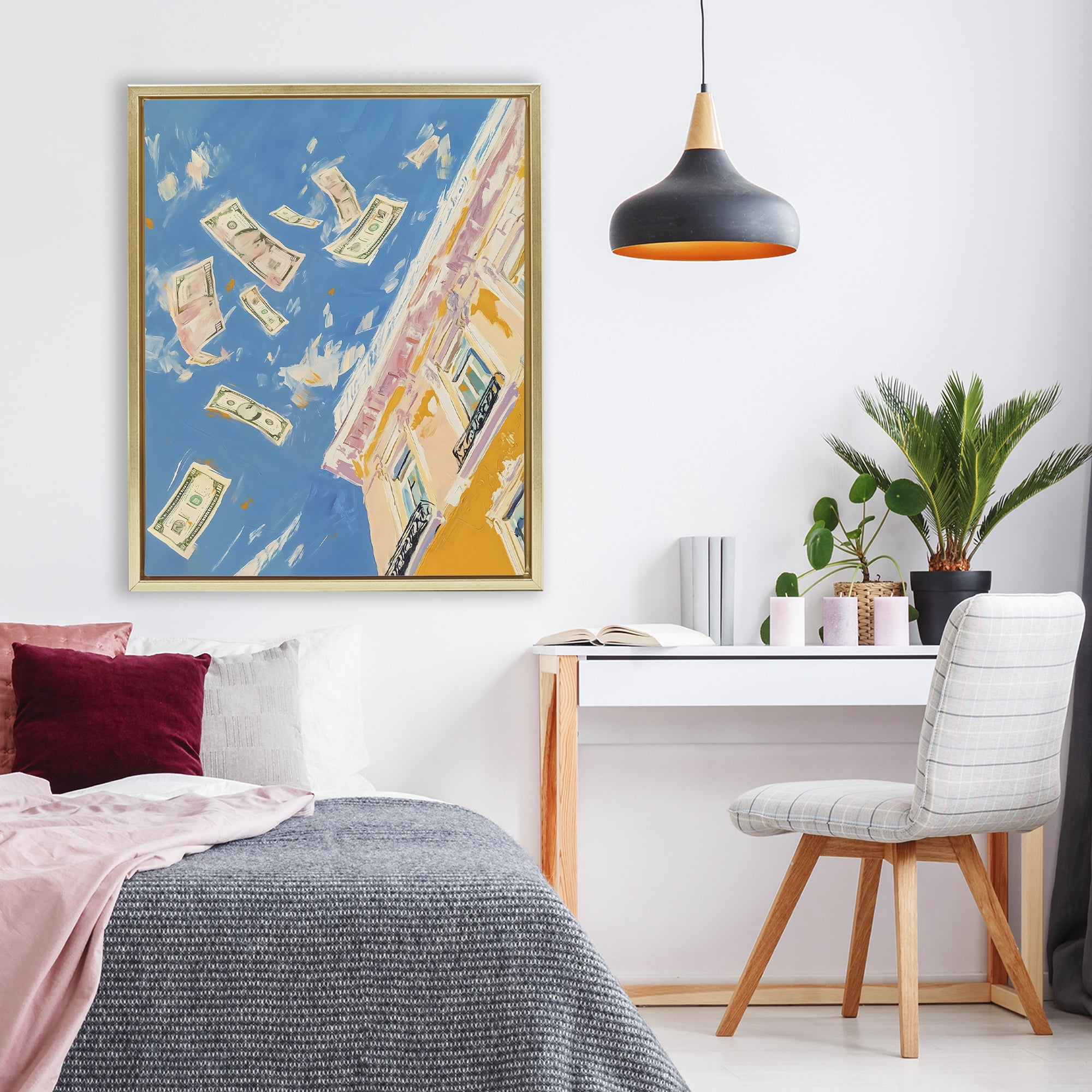 Stupell Industries Money Rain Drifting Past Windows Gold Framed Floater Canvas Wall Art, design by The Prints Vibe