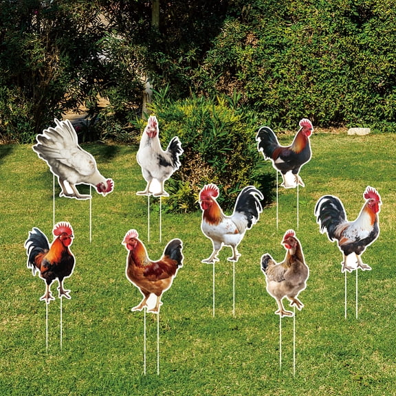 8Pcs Roosters Yard Sign with 16 Stakes Realistic Rooster Party Lawn Decorations Animal Theme Party Waterproof Sign Yard Outdoor Lawn Decorative Sign