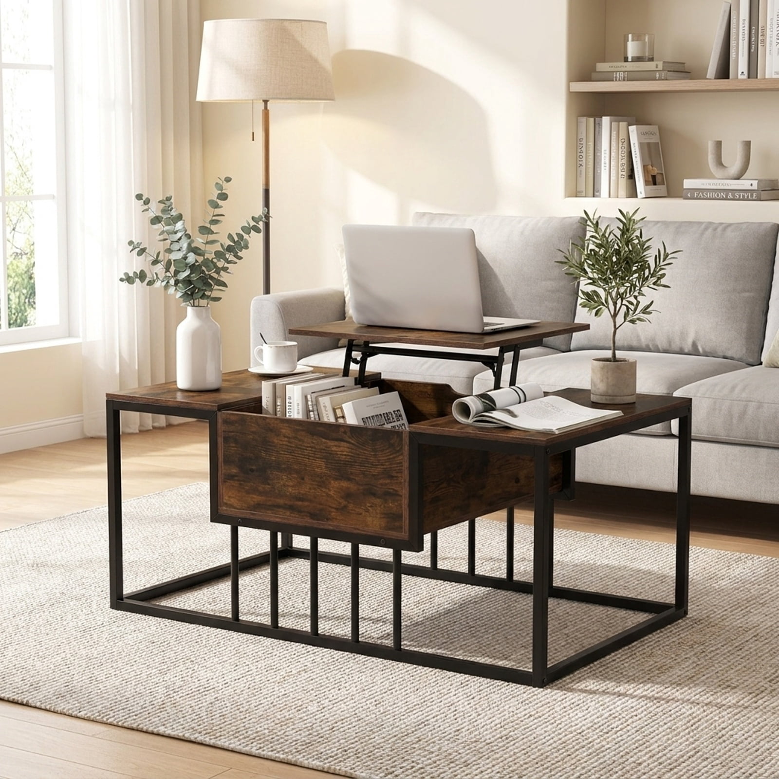 Furnibear Modern Lift Top Coffee Table with Hidden Storage Compartment Gas Struts and Powder-Coated Metal Tubes for Living Room, Rustic Brown