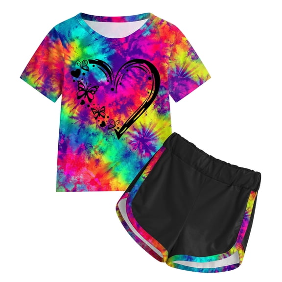Dakiuu Toddler Girls Athletic Sweatsuit Outfit Set Kids Tie Dye Short Sleeve Tshirt and Patchwork Shorts Tracksuit with Butterfly Heart Print 2pcs Summer Casual Clothes for 3-7 Years