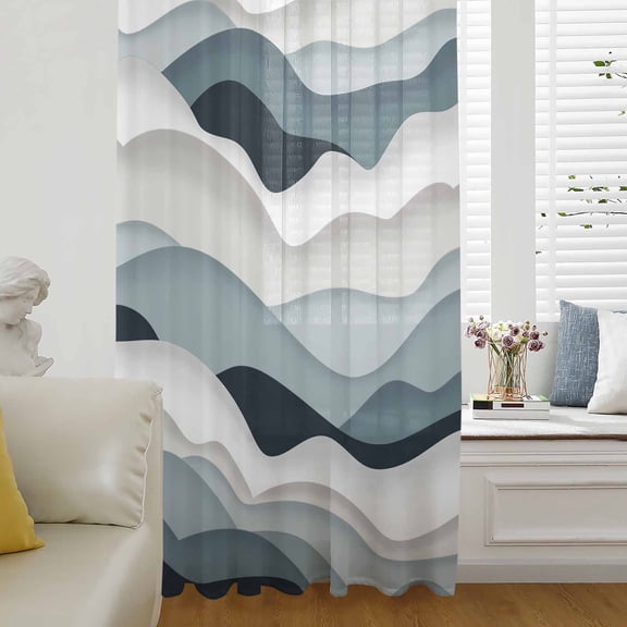 Blue Grey Ombre Semi Sheer Curtains Drapes for Living Room, Bedroom, French Doors Window 108 Inches Long, Modern Geometric Moire Abstract Art Rod Pocket Chiffon Curtain Drapery Voile Draperies Panel