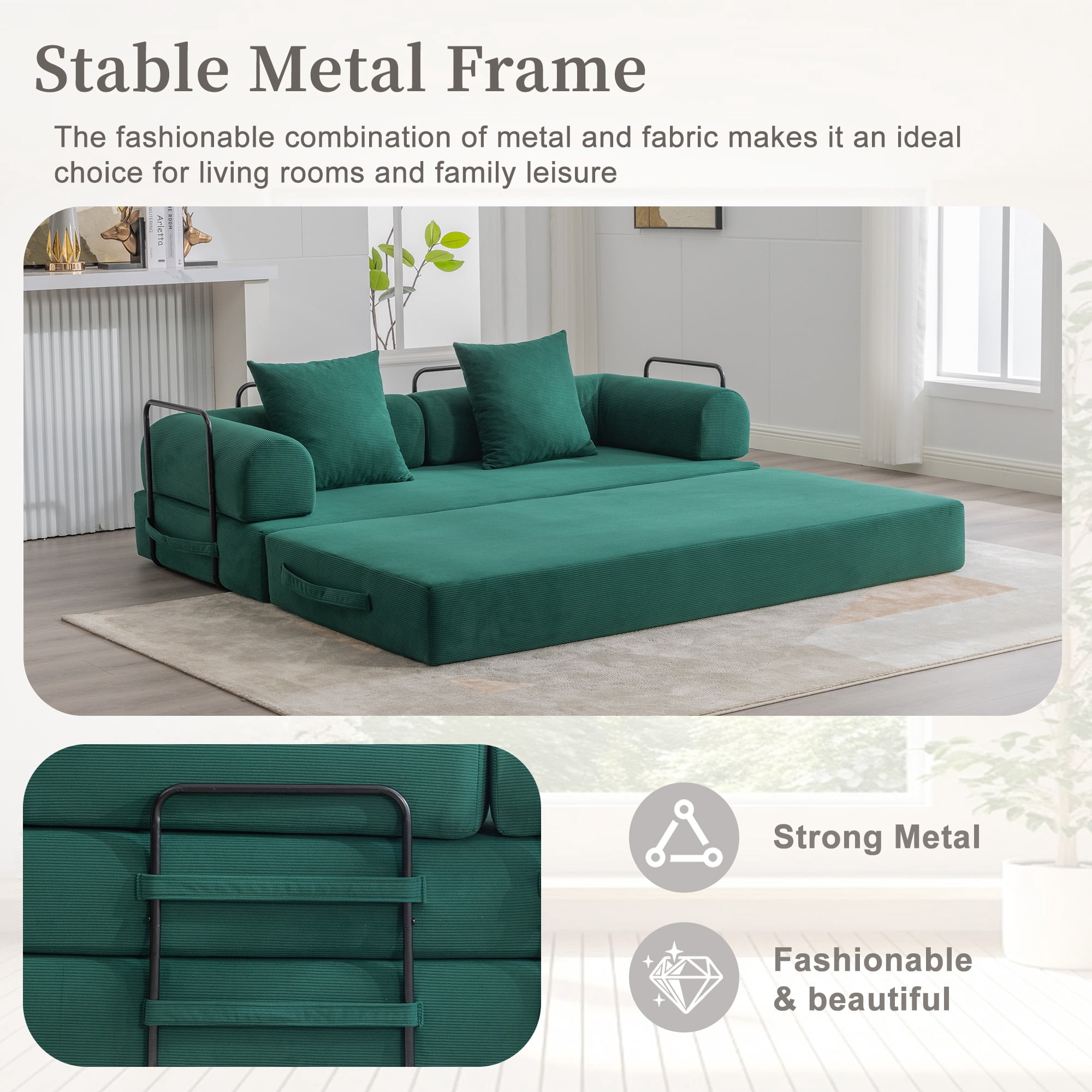 MOONMISS Corduroy Upholstered Modern Comfort Foldable Compressible Sofa Bed with Sturdy Metal Frame-Emerald
