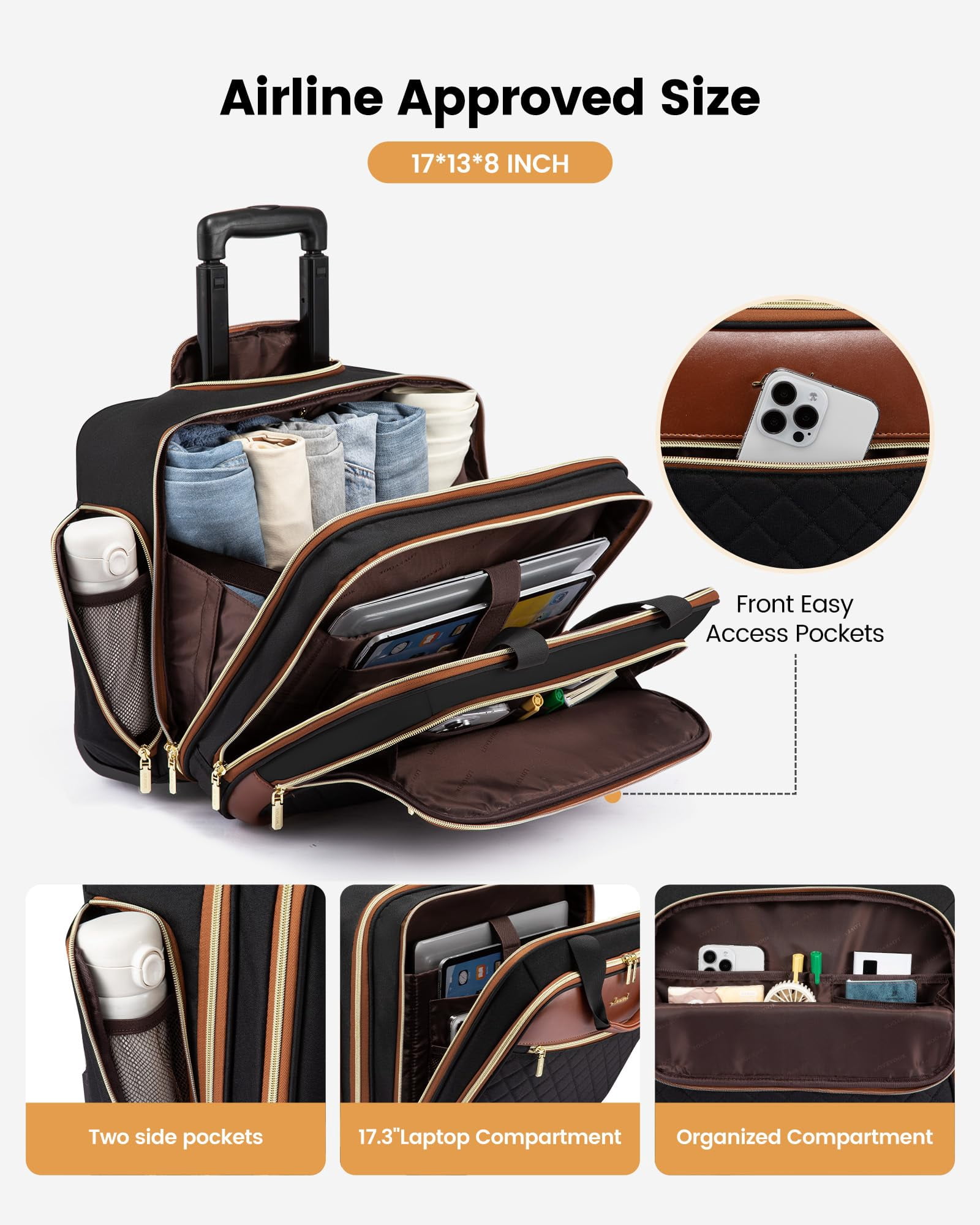 LOVEVOOK Rolling Laptop Bag Women, 17.3 Inch Laptop Briefcase with Wheels, Soft Sided Underseat Carry On Luggage Personal Item Suitcase for Work Travel Business, Black Brown Beige