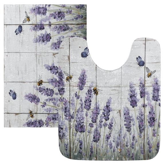 2 Piece Soft Bathroom Rug Set Lavender and Bees Bath Mat and U-Shaped Toilet Contour Rug (16"x24" 20"x24")