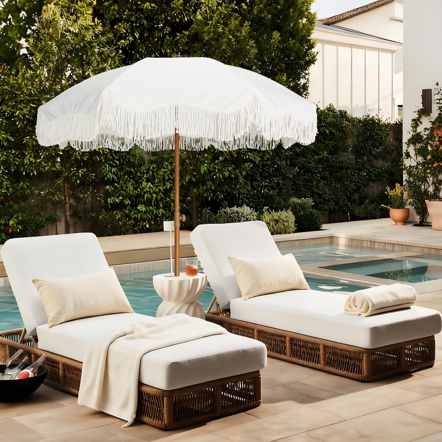AMMSUN 6.5ft Patio Umbrella UPF50+ with Boho Fringe Tassel Tilt Pole for Outdoor Picnic,Cream White