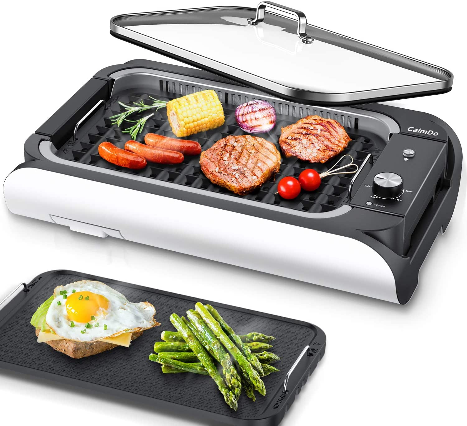 Black 14.5 x 9 Inch Surface Drip Tray 1400W Smokeless Grill Griddle Removable Non-Stick Disc Table Top Grill with Tempered Glass Lid Electric Grill