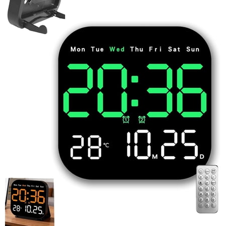 Hangable Standalone Square Clock — Large Led Digital Wall Clocks with Remote Control, Day Temp Date Display for Home, Office, Bedroom (Green)