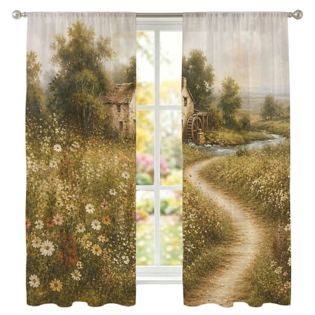Country Farmhouse Sheer Curtains 72 Inches Long 2 Panels Rustic Pastoral Pathway Cottage Wildflower Tree Semi Sheer Rod Pocket Window Curtains Light Filtering Drapes for Living Room Bedroom