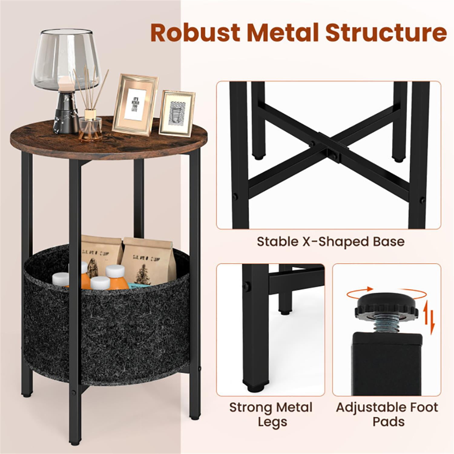Demi Bonn Round Sofa Side Table, 2-Tier End Table with Removable Fabric Basket and Metal Frame, Nightstand for Small Spaces, Living Room, Bedroom, Brown