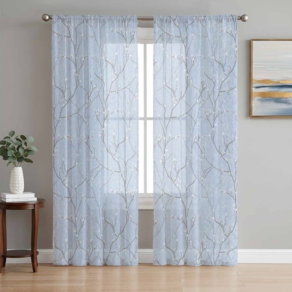 Blue Branches Sheer Curtains 72 Inch Length 2 Panels Set, Vintage Art Farmhouse Voile Window Treatment Rod Pocket Curtains Sheers Drapes for Bedroom/Living Room/Kitchen 52"x72"x2