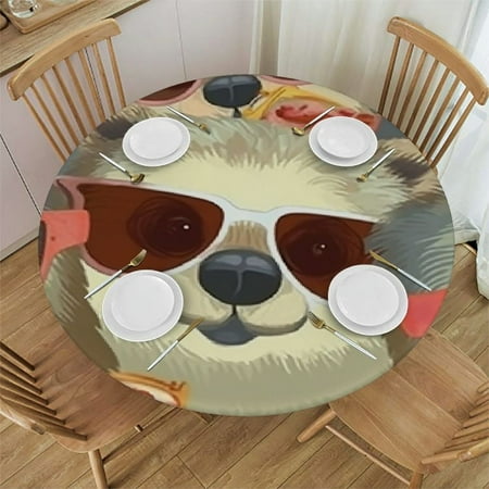 Shangniulu Cute Sloth Round Fitted Tablecloth Funny Lovely Animal Pink Grey Cartoon Doodle Comic Art Elastic Edge Tablecloth Waterproof Oilcloth Table Cover for 36"-70"