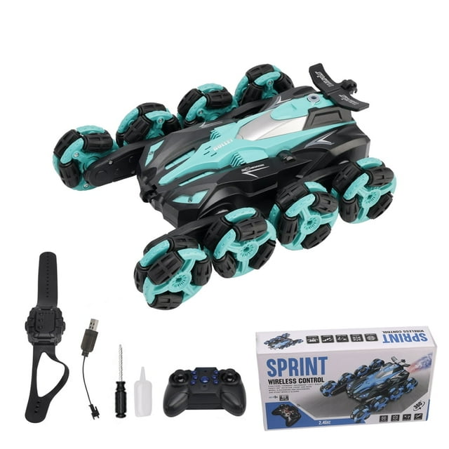 Bruce&Shark 8 Wheel RC Stunt Car, 2.4G Transform Toy with Gesture Control, Water Mist & Lights, Remote Control Car for Kids