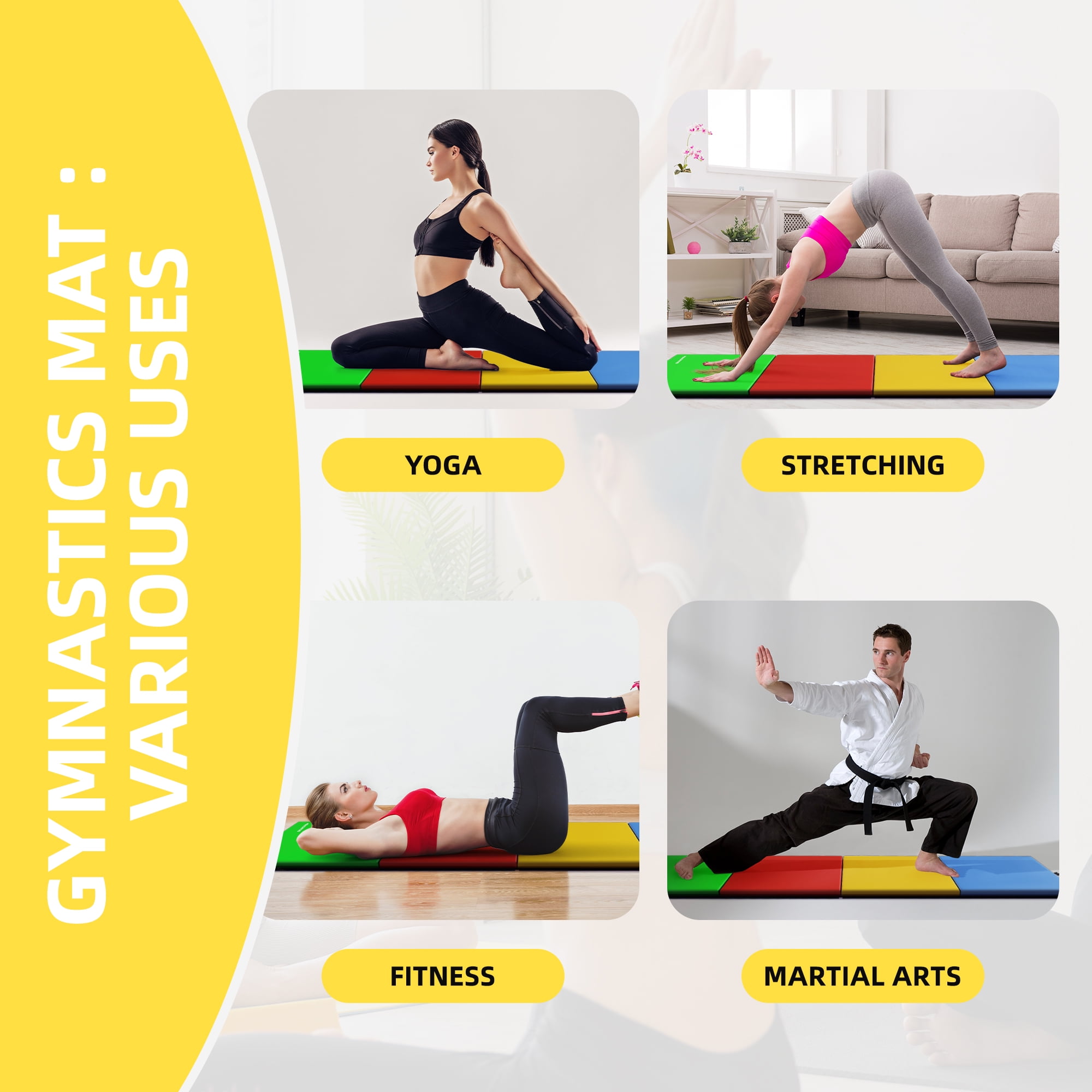 Signature Fitness 4ft x 10ft x 3in Folding Gymnastics Mat, 4-Panel Extra Thick Exercise Mat with Handles, PVC Leather + EPE Foam, Multiple Colors