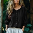 thumbnail image 2 of Xdegoge Women's Cotton Linen Shirts 3/4 Lantern Sleeve Blouses Crewneck Button Down Tops Casual Boho Loose Fit Tunics Soft Lightweight Breathable for Summer, 2 of 7
