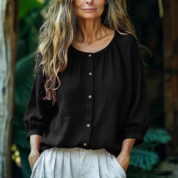Xdegoge Button Down Blouses for Women Cotton Linen Crewneck 3/4 Puff Sleeve Shirts Pleated Flowy Tunic Tops Casual Summer Spring Daily Wear Lightweight Relaxed Fit