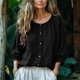 thumbnail image 1 of TaTaai Women's crew neck 3/4 sleeve top, solid color, linen cotton fabric, lantern sleeve, button detail, casual stylish, breathable comfortable, ideal for daily outings & brunch dates Gift, 1 of 7