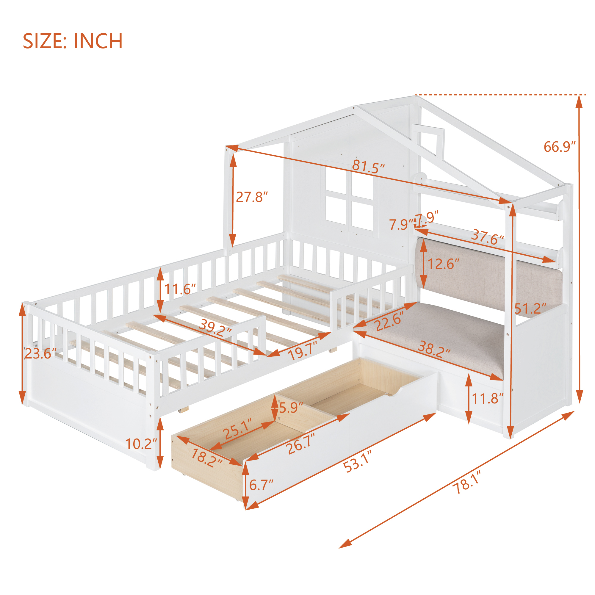 Euroco Wood Twin Size Platform Bed with Drawers, House Bed with Upholstered Bench, White