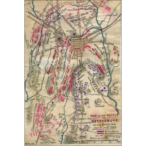 24"x36" Gallery Poster, Map of Battle of Gettysburg July 1st & 3rd 1863