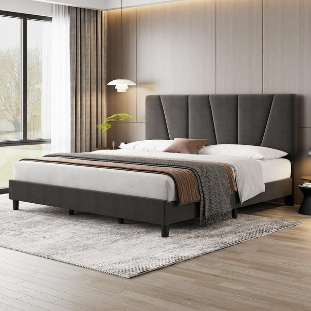Yeshouse Marco de cama con cabecera ajustable, moderno marco de cama doble tapizado en lino con plataforma y soporte de listones de madera, no necesita somier