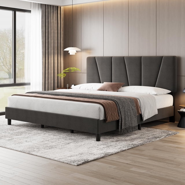 QinaQin Cadre de Lit avec Tête de Lit Réglable, Cadre de Lit Plateforme Double Moderne Rembourré en Lin, Lattes en Bois, Aucun Matelas à Ressorts Requis