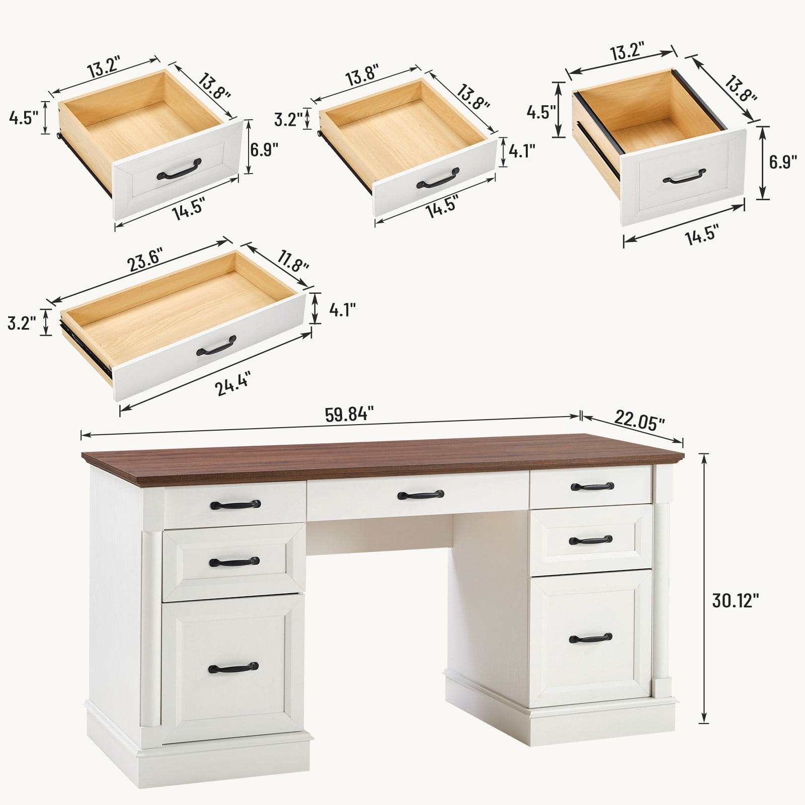 EDX Wood Computer Writing Desk Farmhouse Executive Desk, Rustic Office Desk with Charging Station and Keyboard Tray,Home Workstations with File Drawer, Storage Cabinet, White