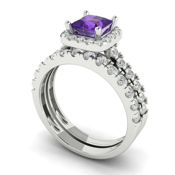 2.01 ct Brilliant Princess Cut Natural Amethyst 18K White Gold Halo Solitaire with Accents Engagement Bridal Wedding Ring Band Set size 3.5
