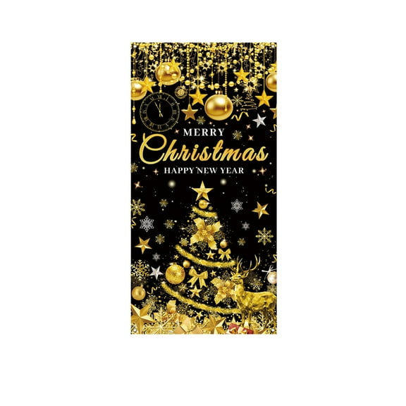 Beautynvta Christmas Door Cover, 35''x71'', Gold Christmas Tree Front Door Cover Decoration, Merry Christmas Banner, Christmas Backdrop Door Hanging for Porch Wall Party Decor