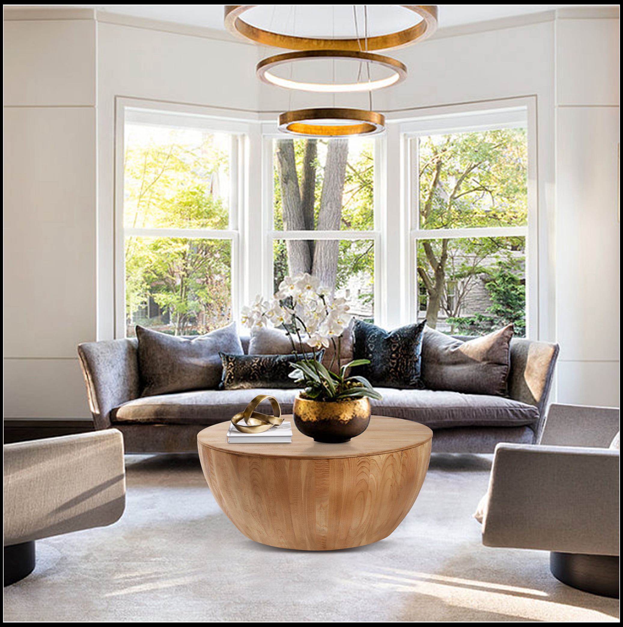 35.43"Vintage Style Bucket Shaped Coffee Table for Office, Dining Room and Living Room,Natural