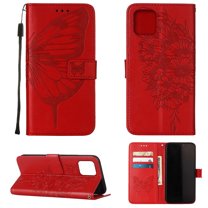Dteck iPhone 13 Case, Butterfly Patterned Wallet Case, Magnetic Hand Strap Credit Card Holder Slots Synthetic Leather Kickstand Protective Cover For iPhone 13, Red