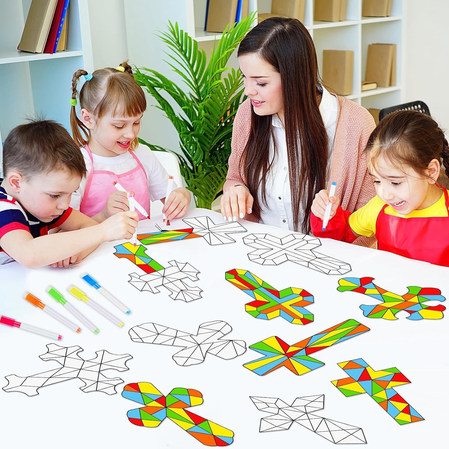 Hltser 30 Pack Easter Cross Window Suncatchers Crafts Kit for Kids Christian Religious DIY Coloring Crafts Window Clings Stickers Kit Sunday School Bible decor with 10 Markers for Home Cl