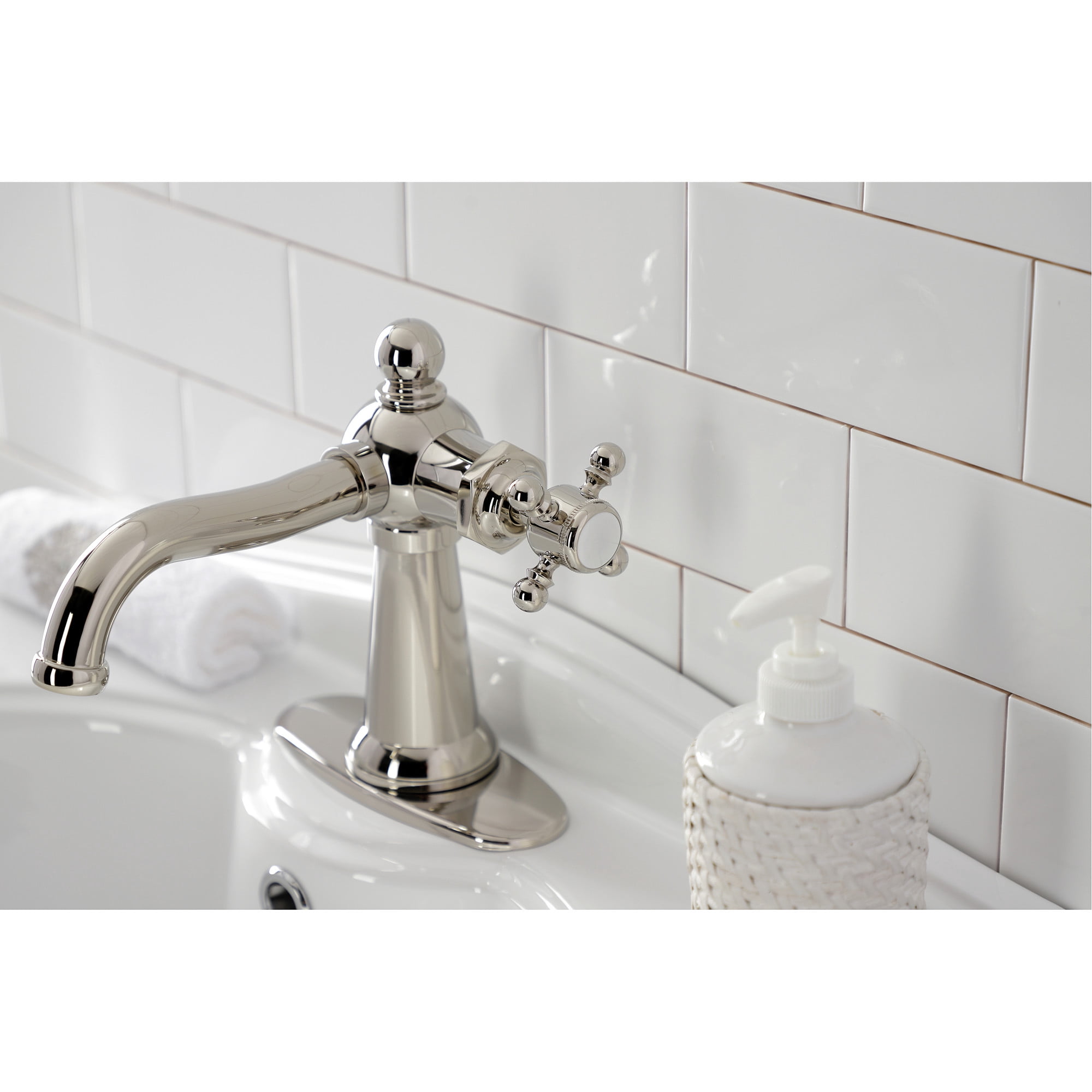 Kingston Brass KSD154BXPN Nautical One-Handle Single-Hole Bathroom Faucet with Deck Plate and Push Pop-Up Drain, Polished Nickel