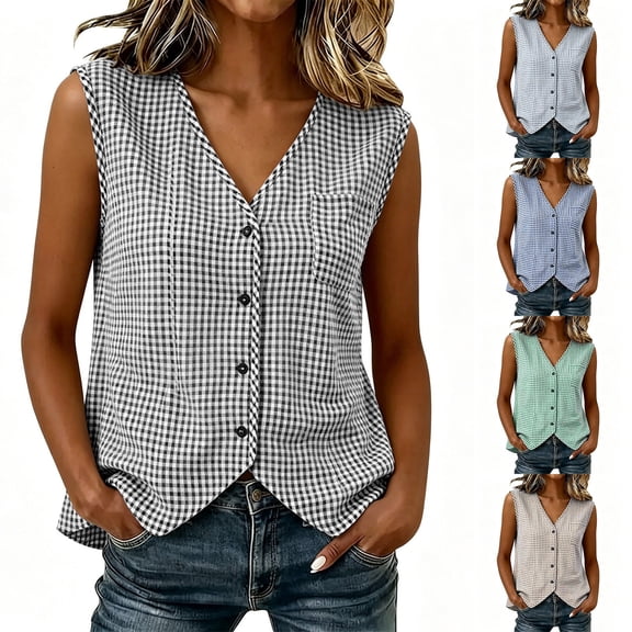Noric Women's Tank Tops V Neck Gingham Button Down Summer Casual Relaxed Fit with Pocket Trendy 2026