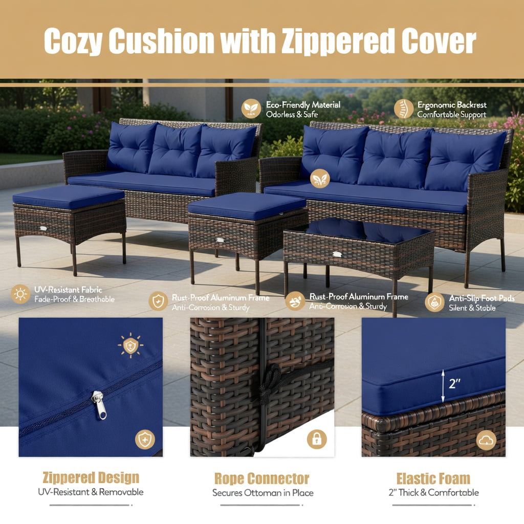 Hommoo 3-Piece Outdoor Patio Sectional Set with 5 Premium Cushions, All-Weather Rattan Sofa, Ottoman & Tempered Glass Coffee Table for Backyard, Poolside & Garden, Navy