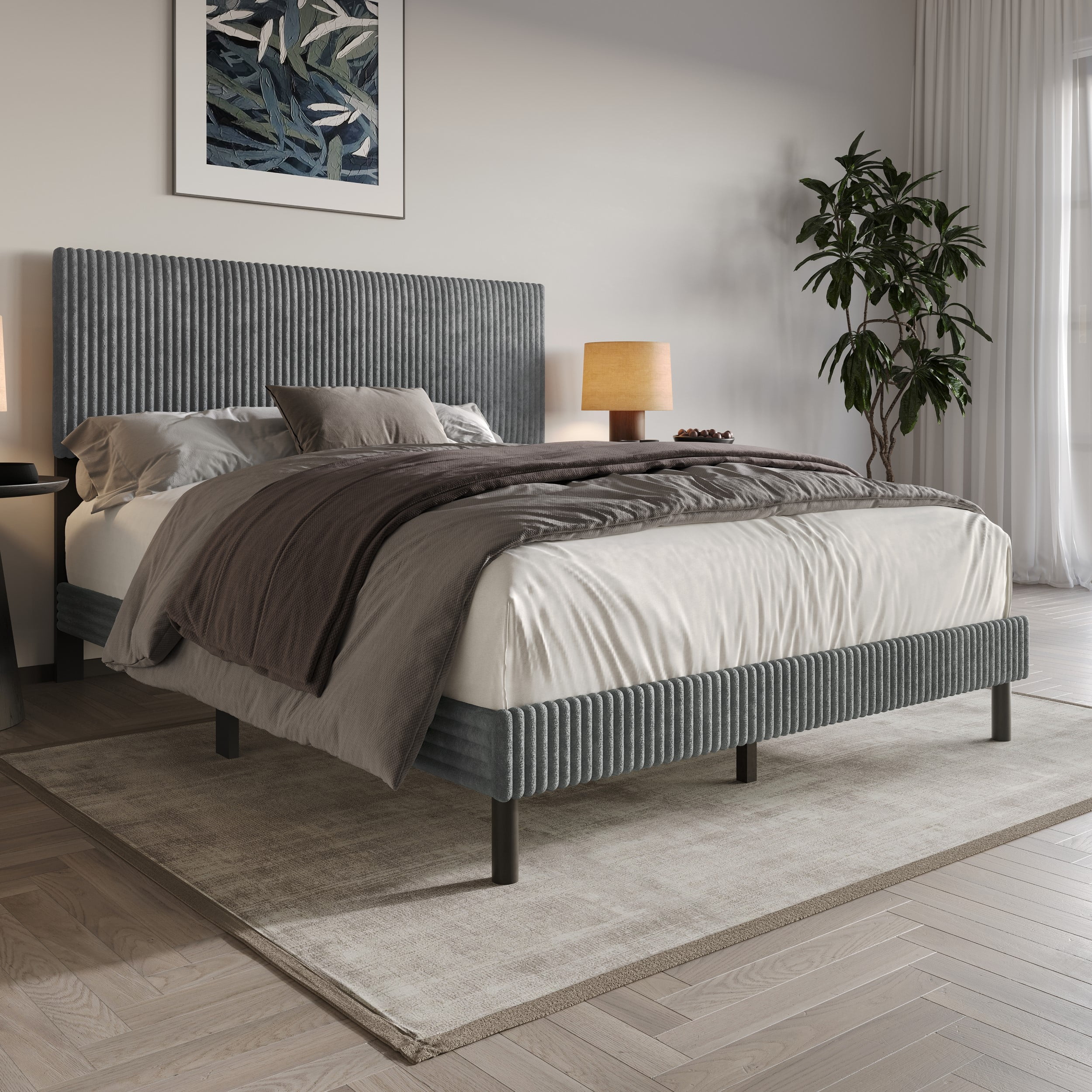 Home Design Osceola Queen Luxurious Corduroy Upholstered Panel Bed Framefor Adult, Gray, Easy Assembly, Box Spring Required (Sold Separately)