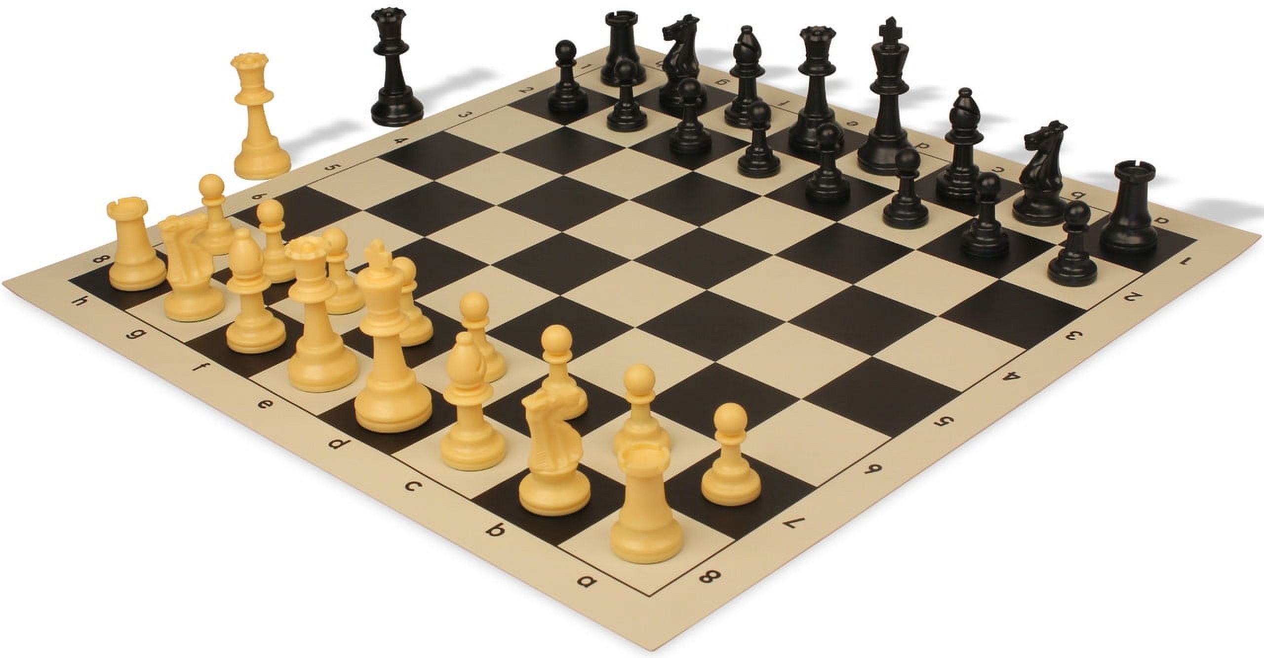 Standard Club Easy-Carry Plastic Chess Set - Black & Camel Pieces with Vinyl Rollup Board - Black