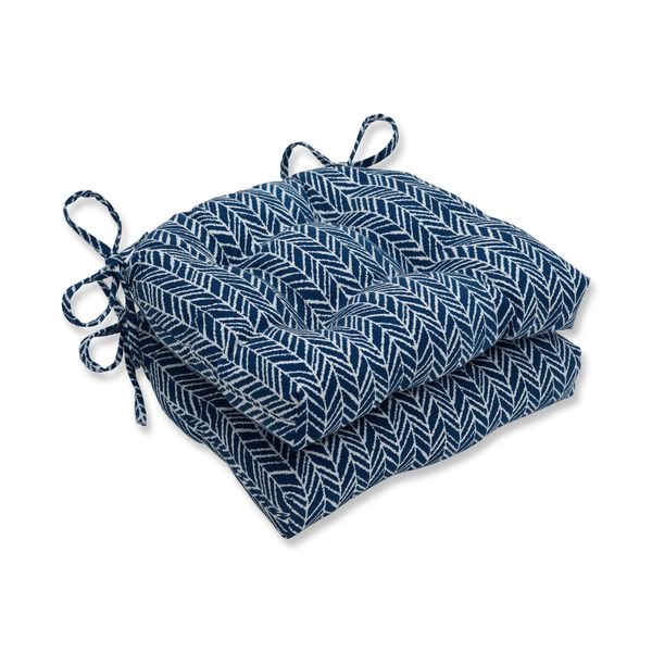 Set of 2 Blue and White Diagonal Lined Accented Reversible Chair Pads