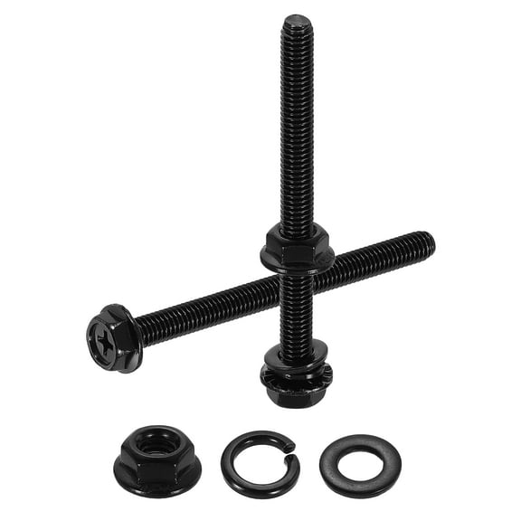 M6 x 70mm 10Pcs Phillips Flanged Hex Bolts with Nuts, Flat & Lock Washers, Black