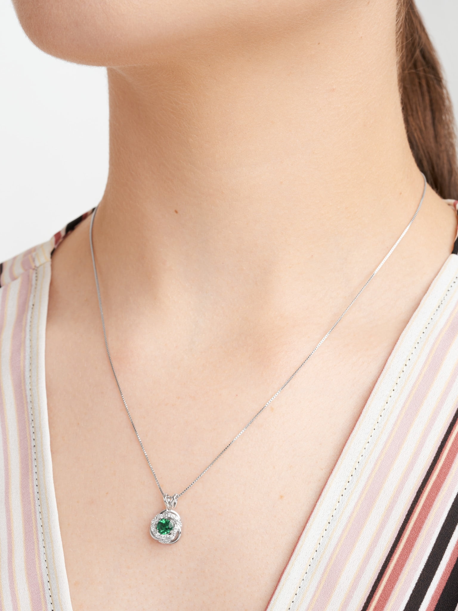 Rhodium Plated Sterling Silver Created Green Quartz May Birthstone Love Knot Pendant Necklace for Women Gift for Her