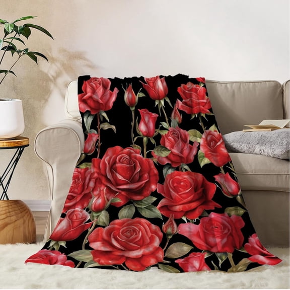 Rose Throw Blanket 50x60 Red Floral Blanket Blanket for Couch Sofa Bed Soft Cozy Lightweight Fuzzy Plush Fleece Blankets Black Spring Summer Flower Decorations Blanket 50 by 60