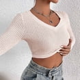 thumbnail image 5 of JGGSPWM Womens Waffle Knit Crop Tops Y2ktops Tee Shirts Spring Blouse Pullover Solid Long Sleeve Tunic V Neck Slim Fit Tshirt Beige XL, 5 of 9