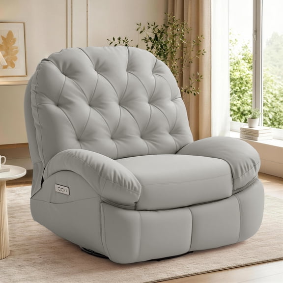 GEEYOO Power Recliner Chair for Adults with Side Pockets,270°Swivel Rocker Recliner with USB Ports & Type C Electric Glider Nursery Chair for Living Room,PU Leather,Grey