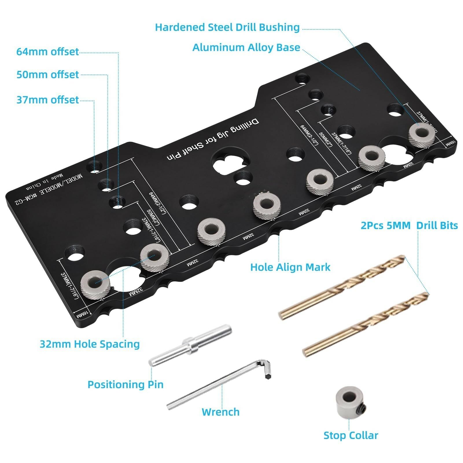 Adjustable Aluminum Alloy Cabinet Hardware Jig Shelf Pin Jig with 2 PCS 5mm Drill Bits Woodworking Pocket Hole Punch Locator Drill Guide