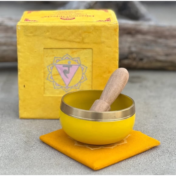 DharmaObjects Tibetan Palm Size Solar Plexus Chakra Singing Bowl Premium Gift Set